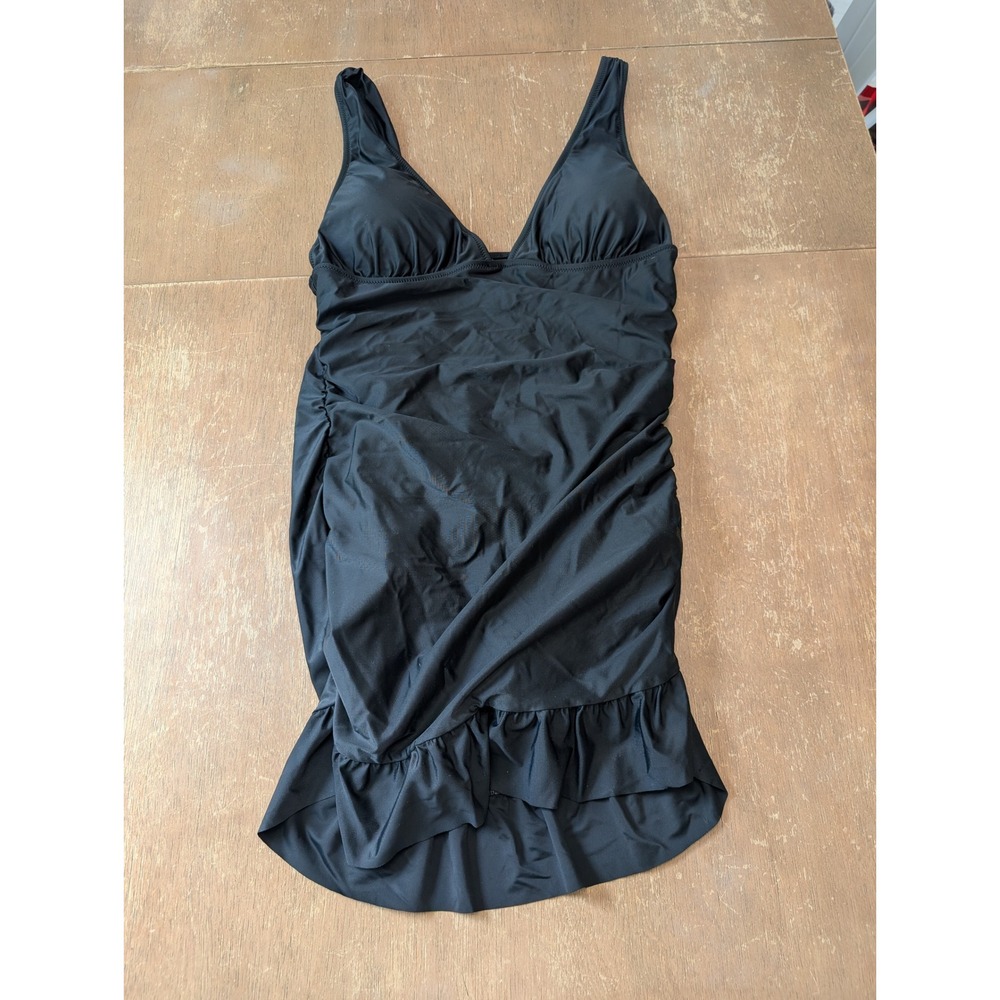J. Crew Black Ruched V-Neck Swim Dress One Piece Swimsuit Womens 12 NWT modest